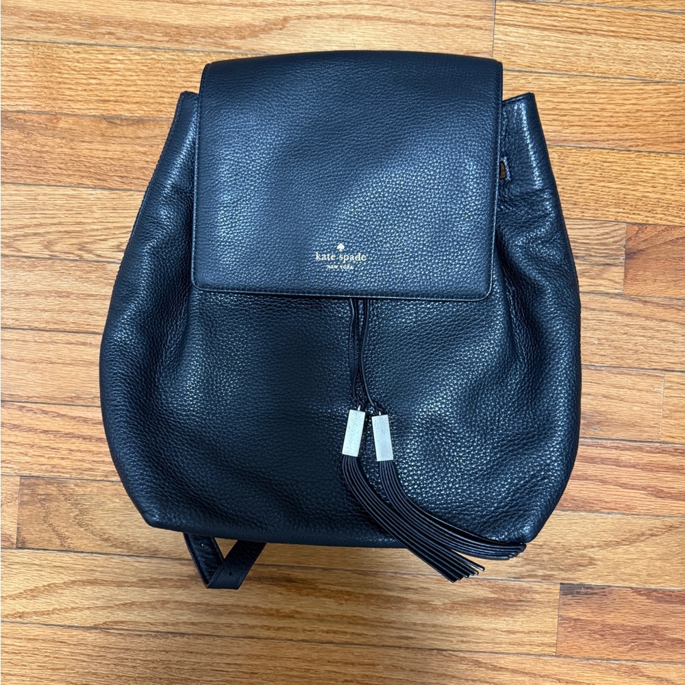 kate spade Black Pebbled Leather Backpack with Tassel
